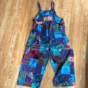 Blue Patchwork Print Overalls Jumpsuit